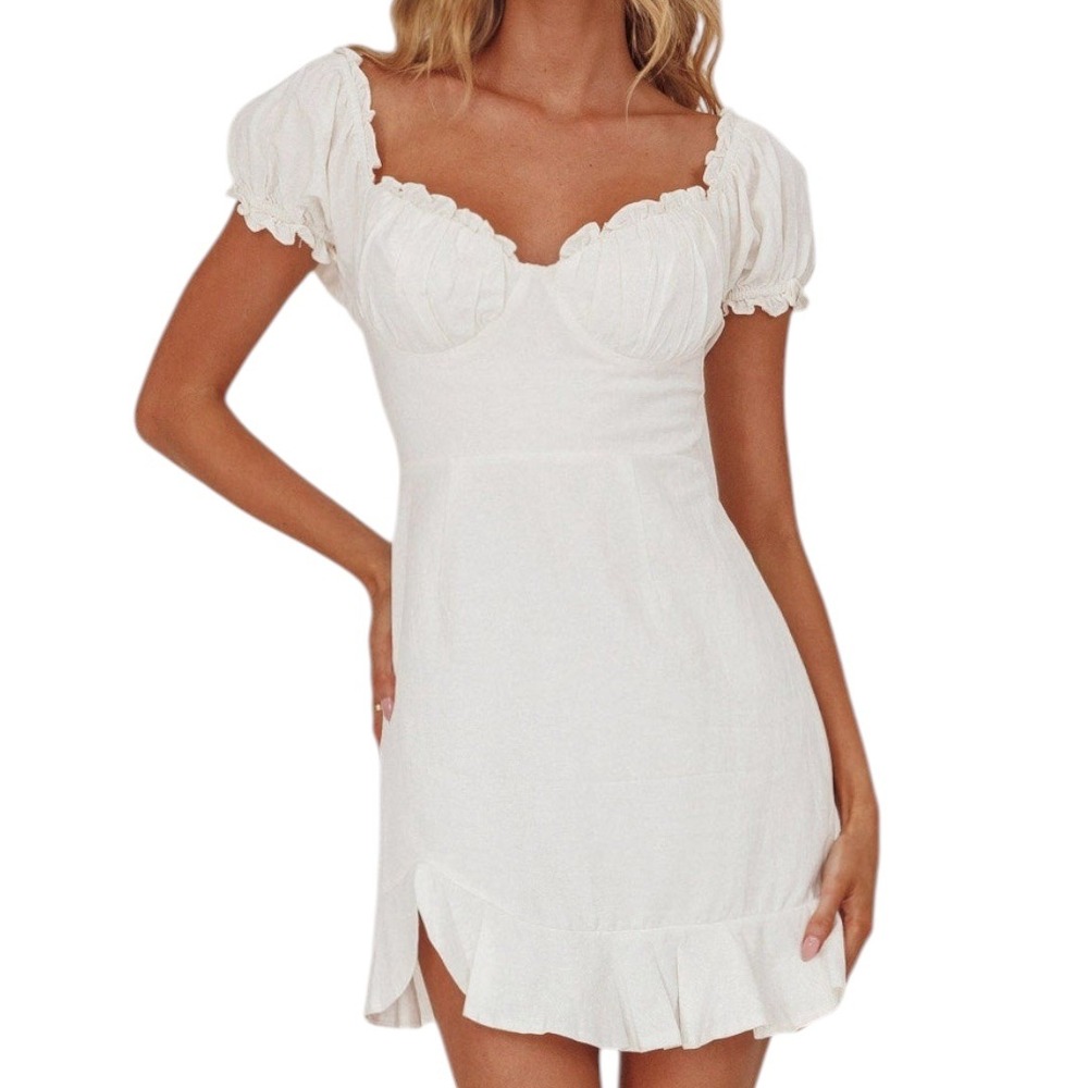 Selfie Leslie Milkmaid Ruched Bust Puff Sleeve Mini Dress White Size Small